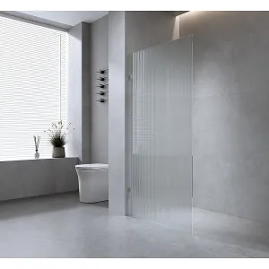 100cm Reeded Single Shower Glass Screen with Black Wall & Floor U Brackets