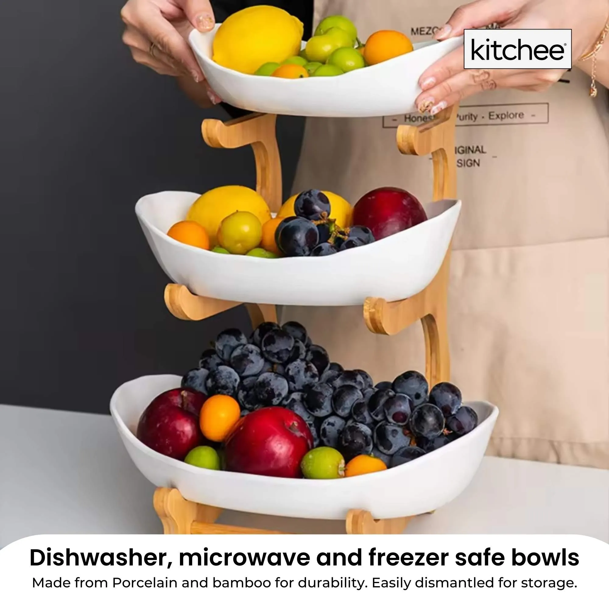 3-Tier Porcelain Fruit Bowl | Ceramic Vegetable Storage | With Bamboo Stand