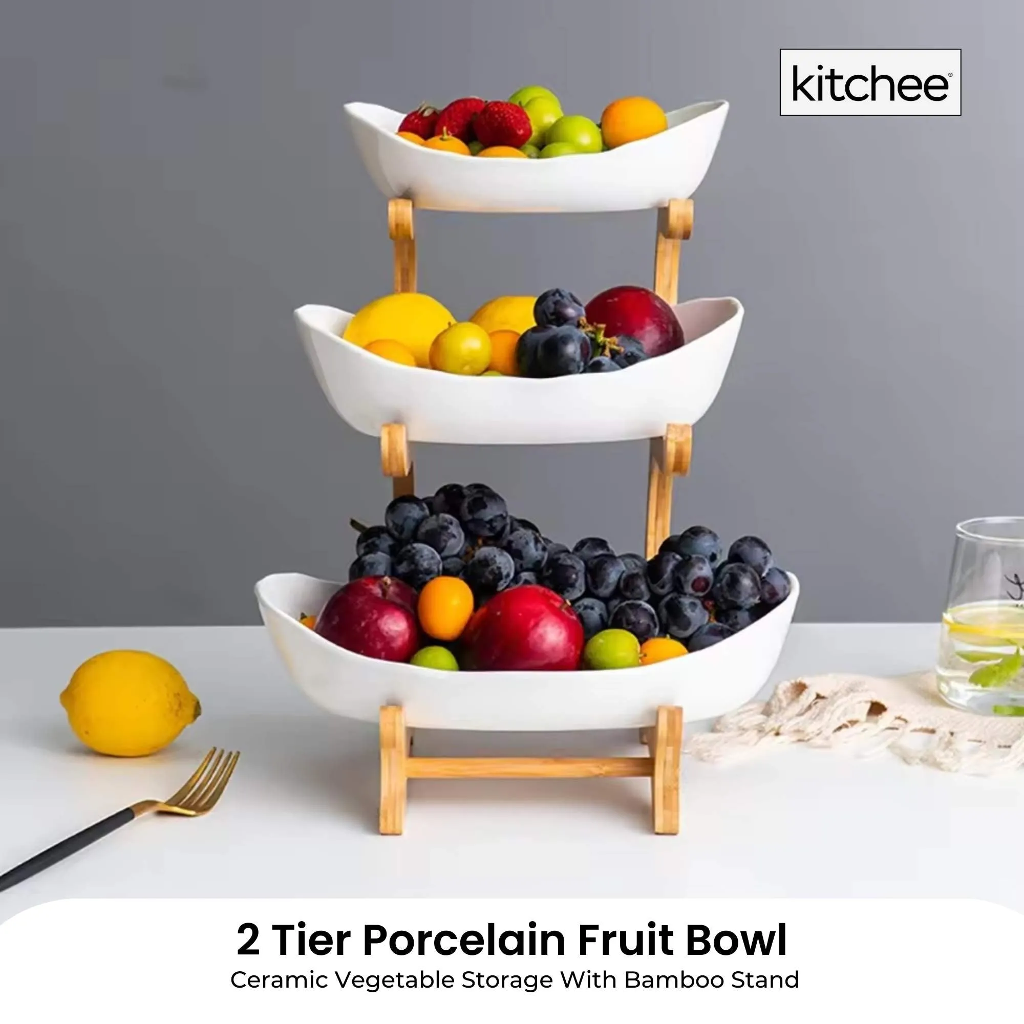3-Tier Porcelain Fruit Bowl | Ceramic Vegetable Storage | With Bamboo Stand