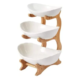 3-Tier Porcelain Fruit Bowl | Ceramic Vegetable Storage | With Bamboo Stand