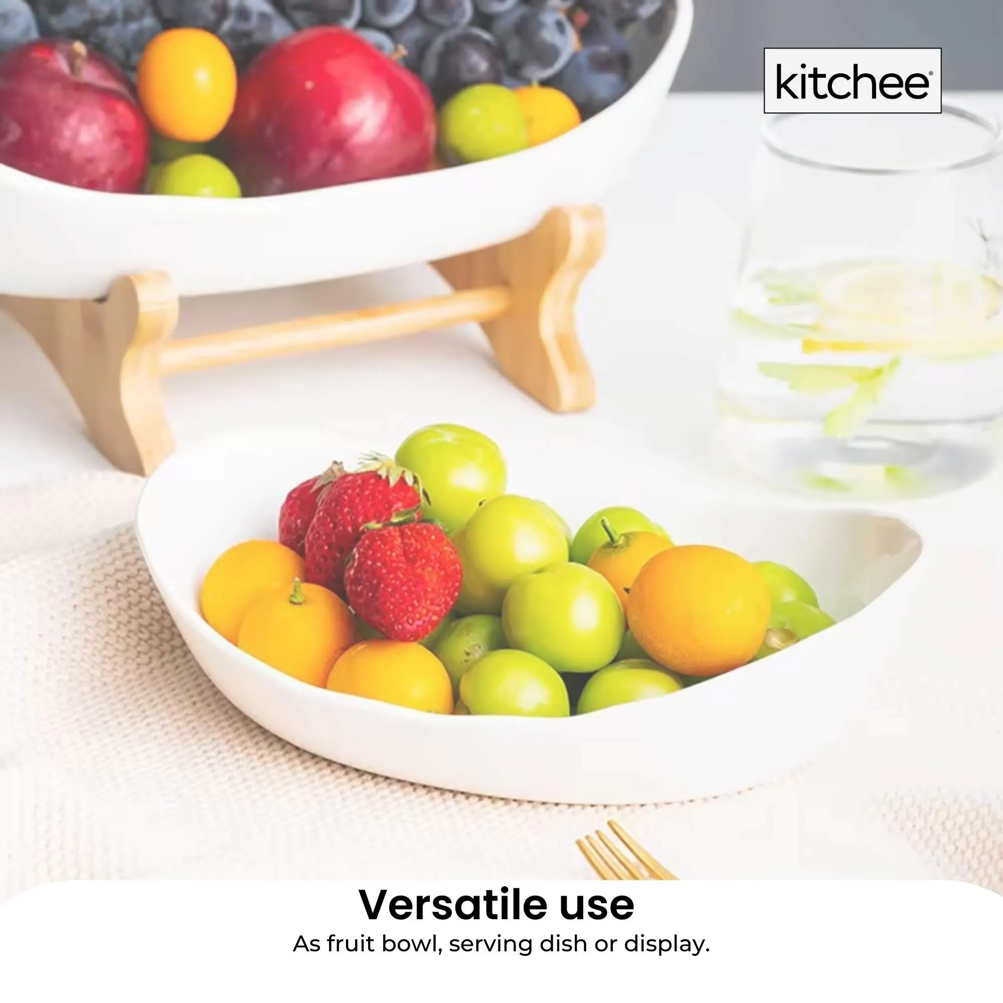 3-Tier Porcelain Fruit Bowl | Ceramic Vegetable Storage | With Bamboo Stand