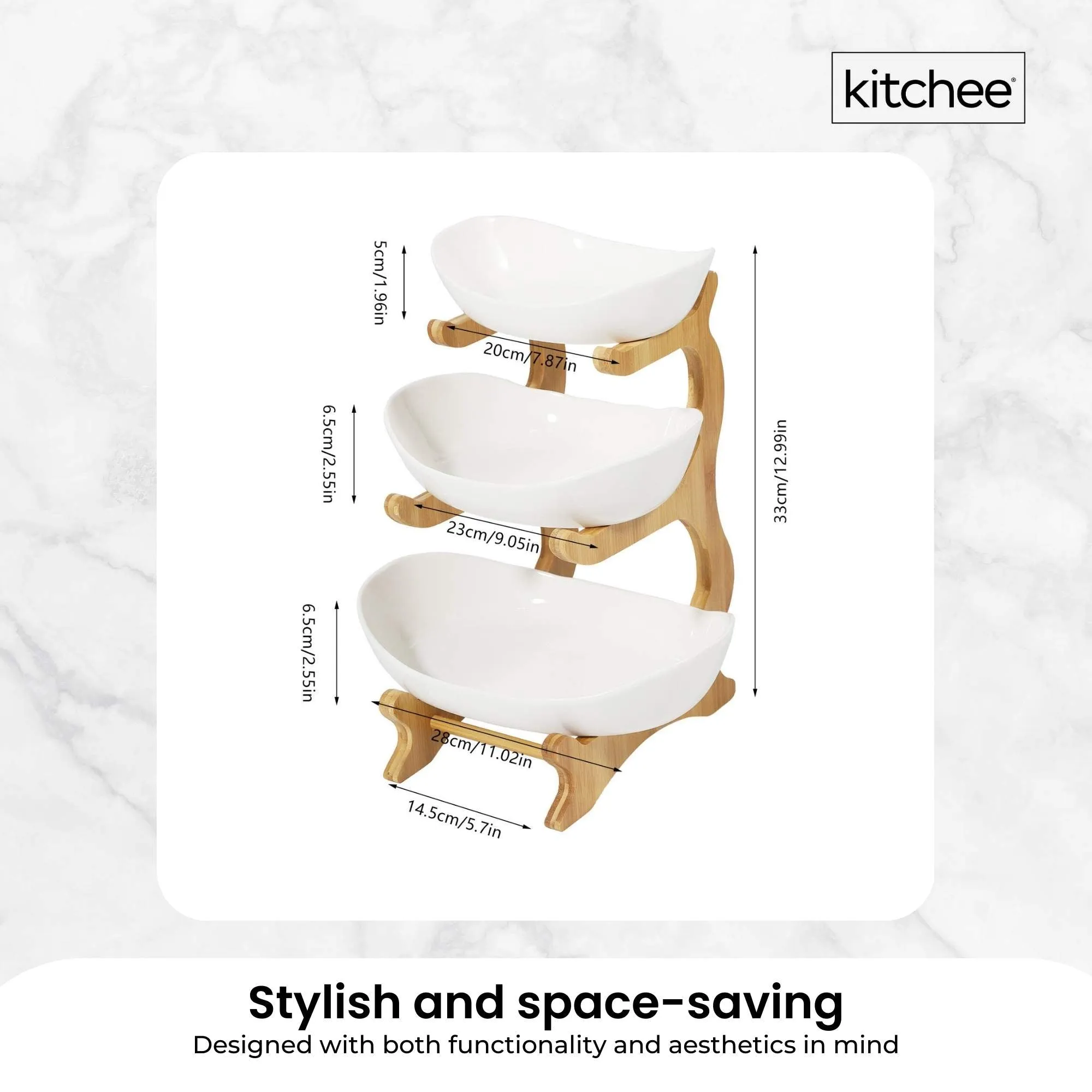 3-Tier Porcelain Fruit Bowl | Ceramic Vegetable Storage | With Bamboo Stand