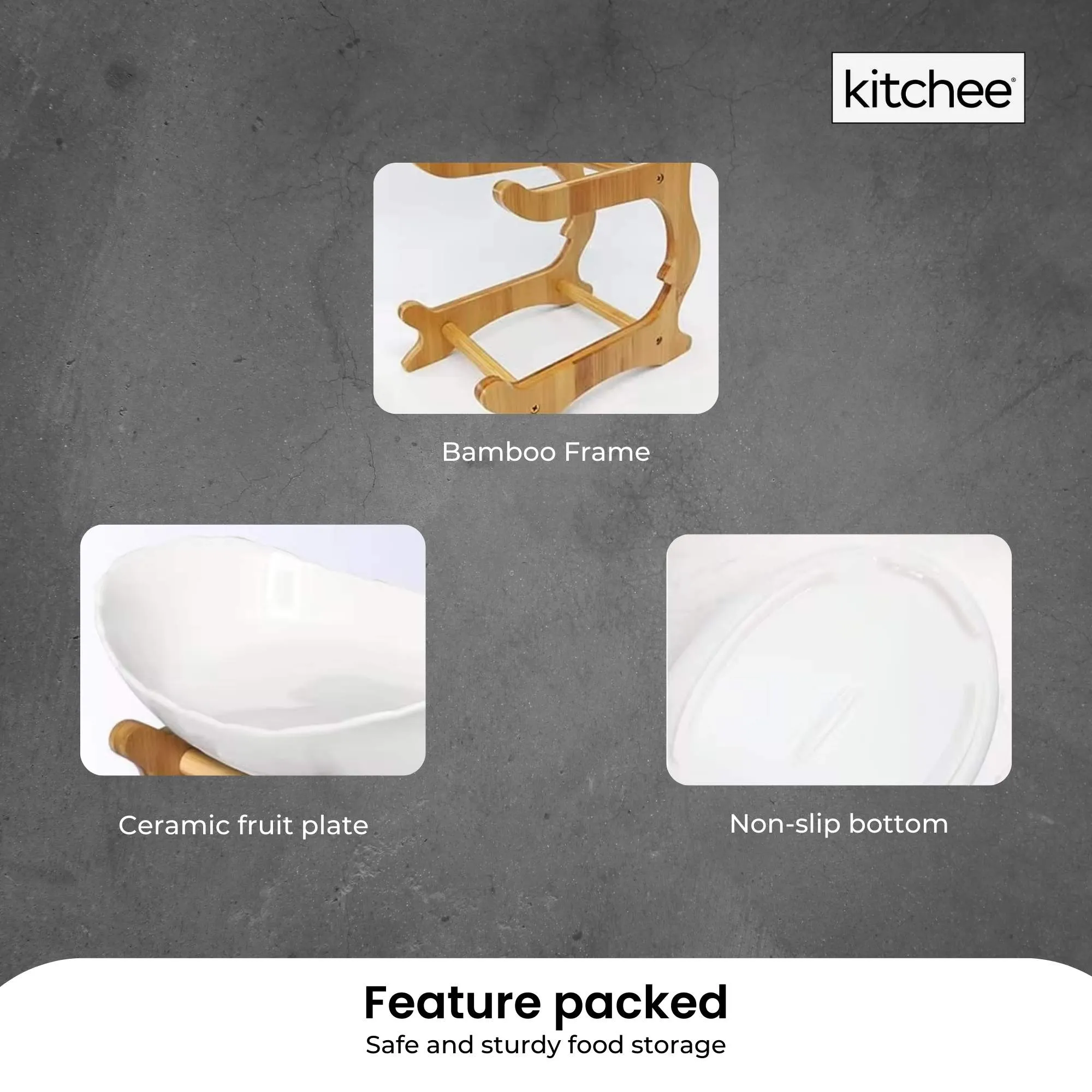 3-Tier Porcelain Fruit Bowl | Ceramic Vegetable Storage | With Bamboo Stand
