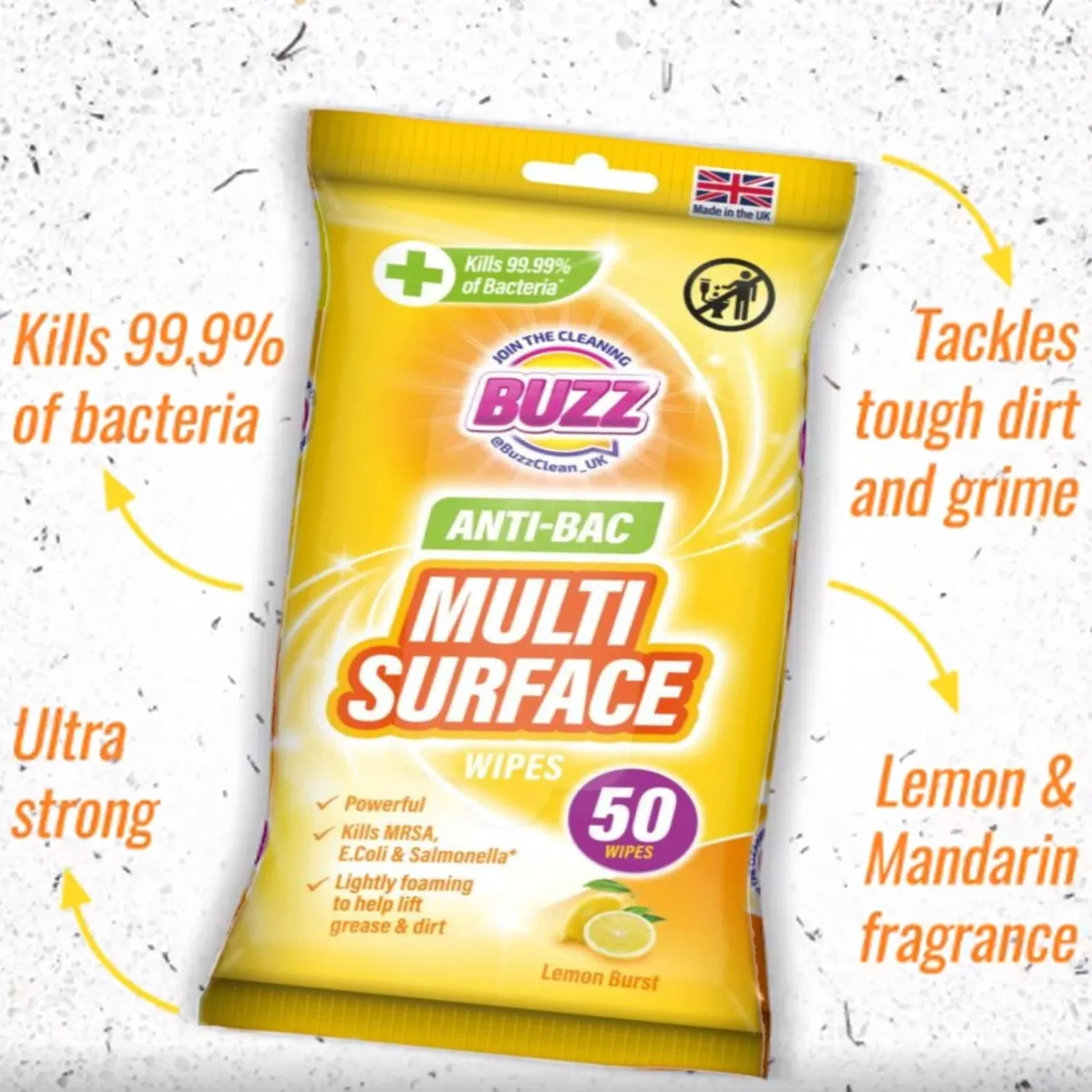 Buzz Antibac Wipes Lemon/Mandarin 50pk