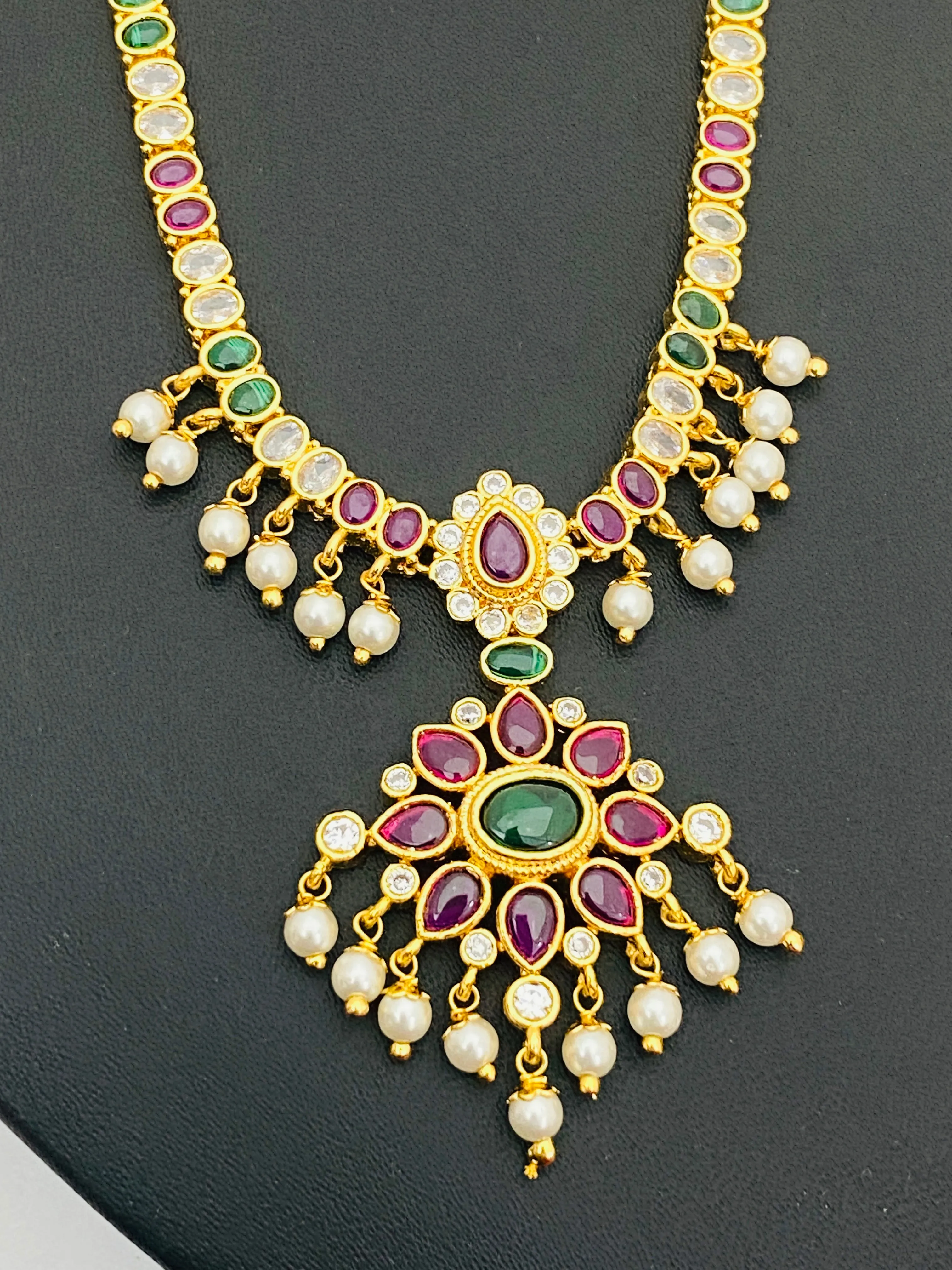 Charming Multi Color Gold Plated Long Chain With Pearl Set