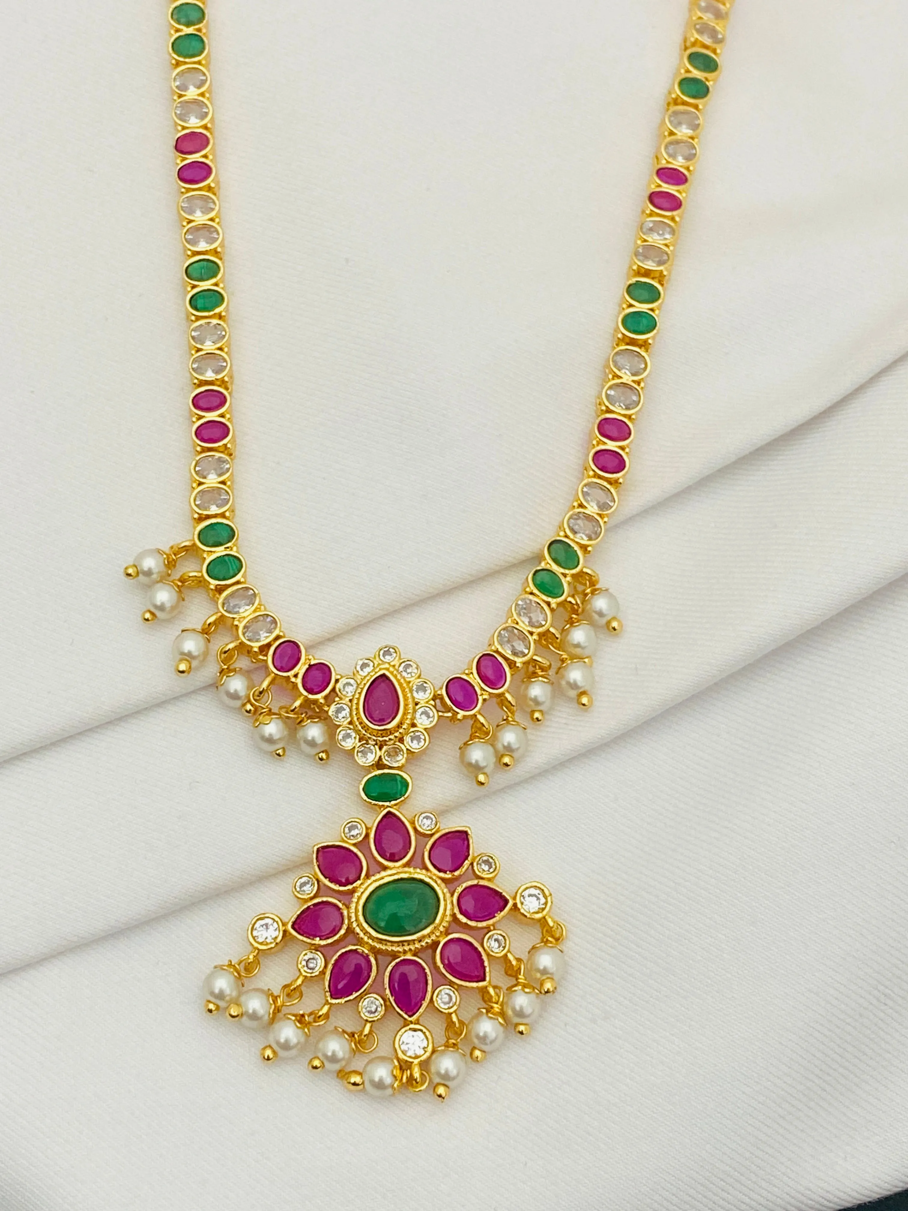 Charming Multi Color Gold Plated Long Chain With Pearl Set