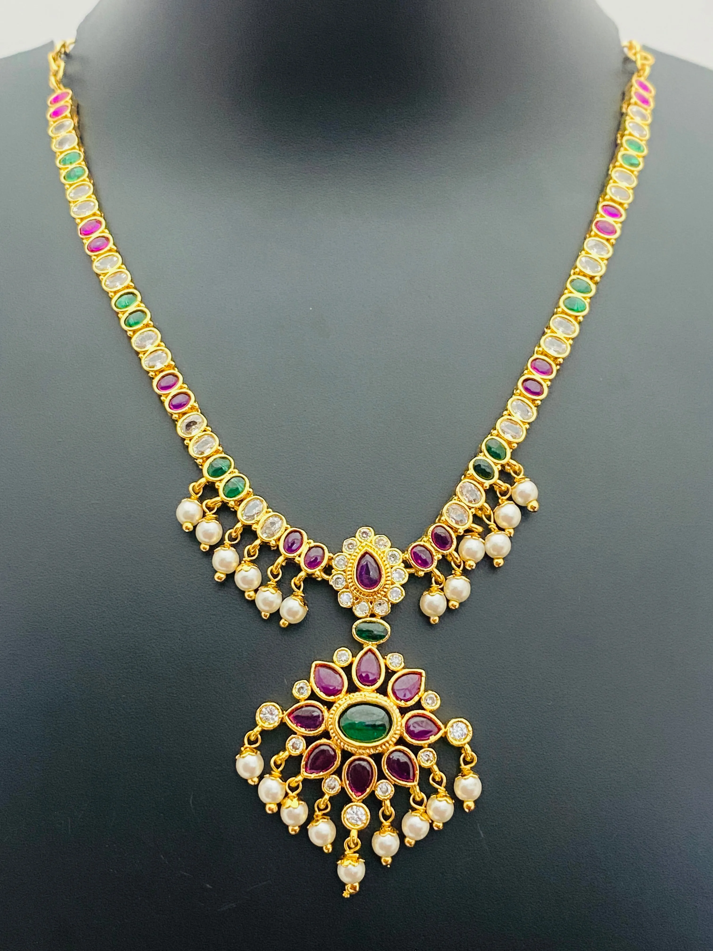 Charming Multi Color Gold Plated Long Chain With Pearl Set