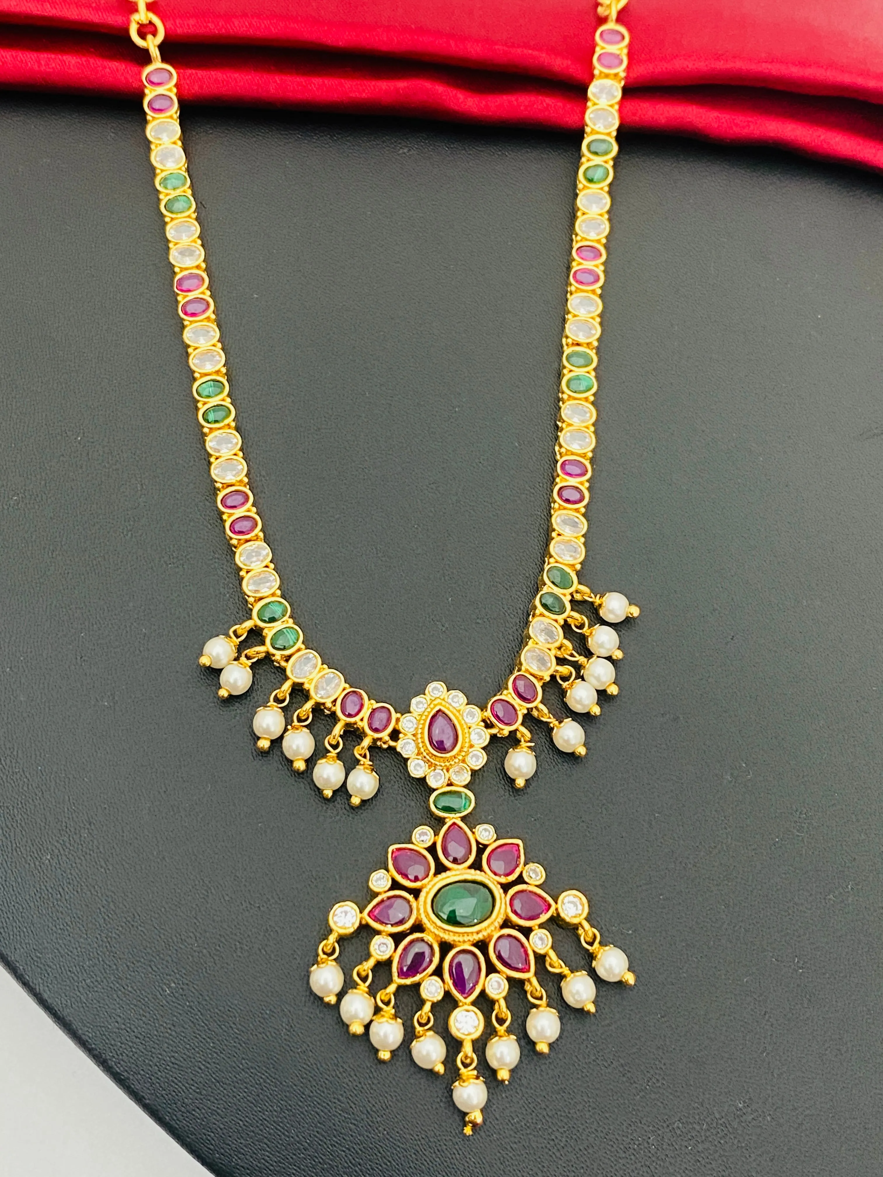 Charming Multi Color Gold Plated Long Chain With Pearl Set