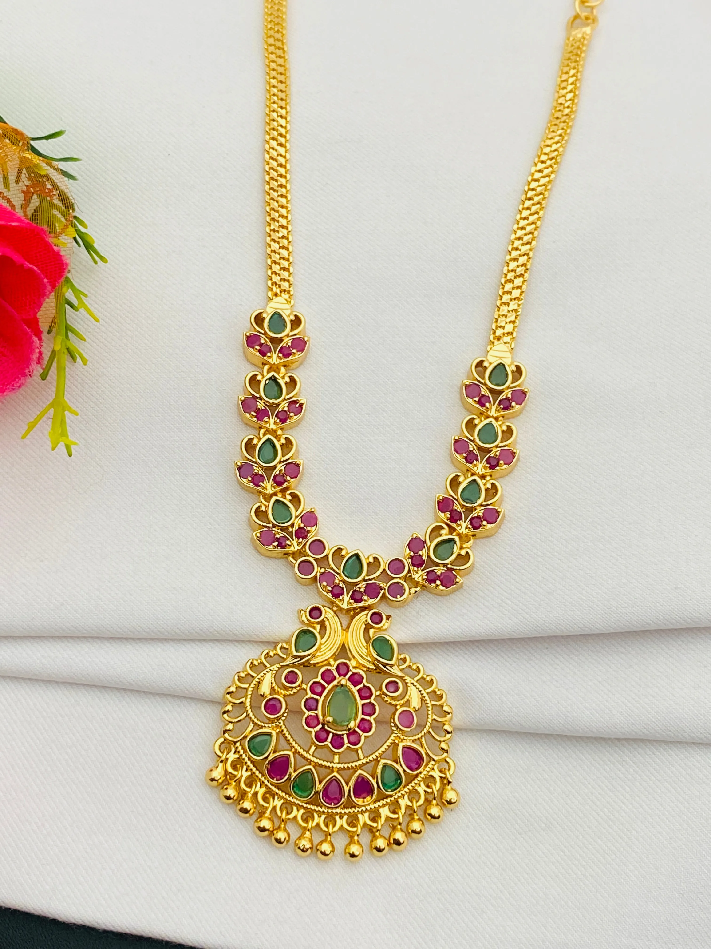 Charming Multi Color Gold Plated Peacock Pendant Necklace