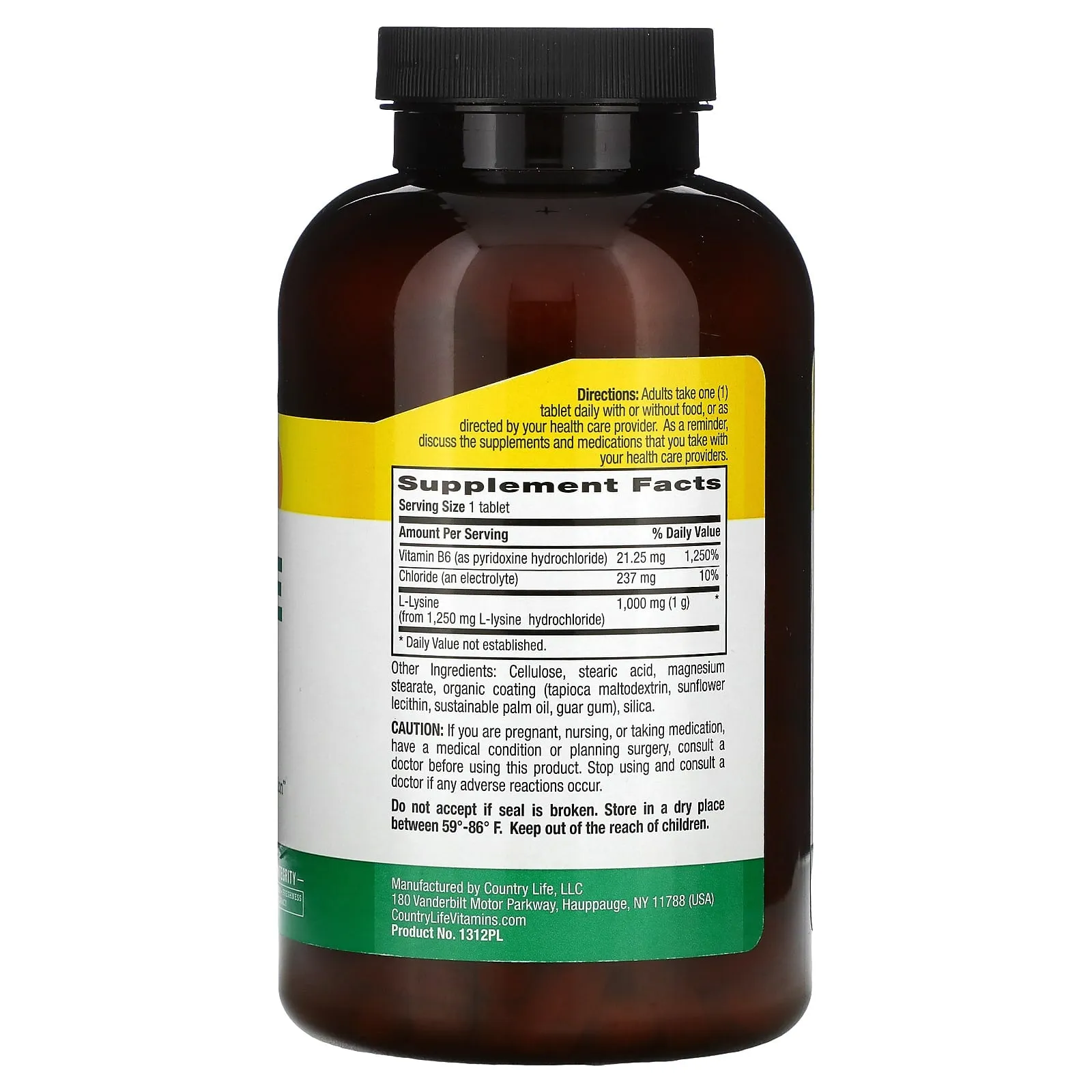 Country Life, L-LYSINE 1000 mg W/B-6, 250 Tablets
