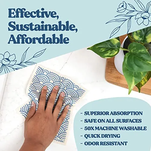 FEBU Swedish Dishcloths for Kitchen | 5 Pack Watercolor Swedish Dish Towels | Cellulose Sponge Cloths | Non-Scratch Reusable Paper Towels Washable | No Odor, Biodegradable, Swedish Cloths