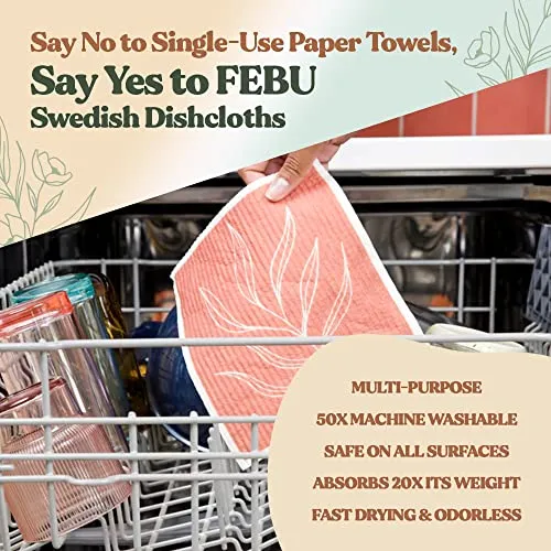 FEBU Swedish Dishcloths for Kitchen | 5 Pack Watercolor Swedish Dish Towels | Cellulose Sponge Cloths | Non-Scratch Reusable Paper Towels Washable | No Odor, Biodegradable, Swedish Cloths