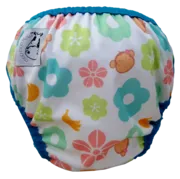 Moo Moo Kow One Size Swim Diaper - Mooky Flower with Blue Border