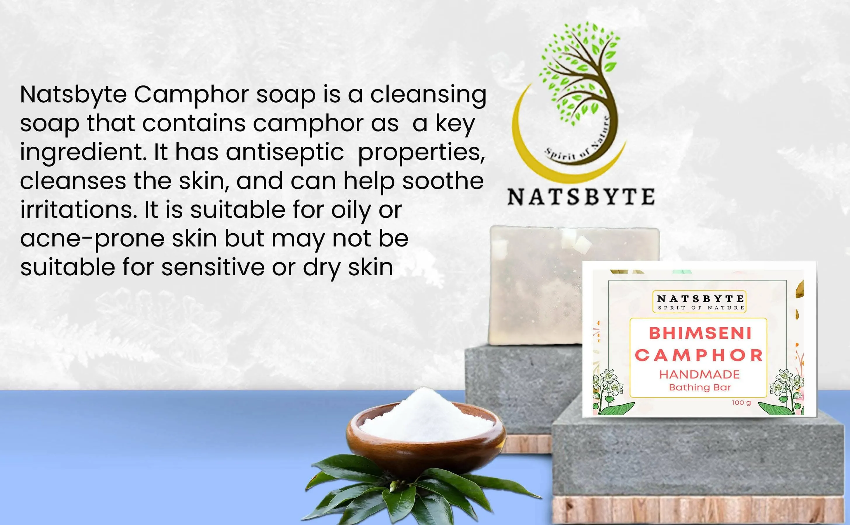 Natsbyte Bhimseni Camphor Soap | Camphor Bathing Bar | Handmade Soap for Freshness