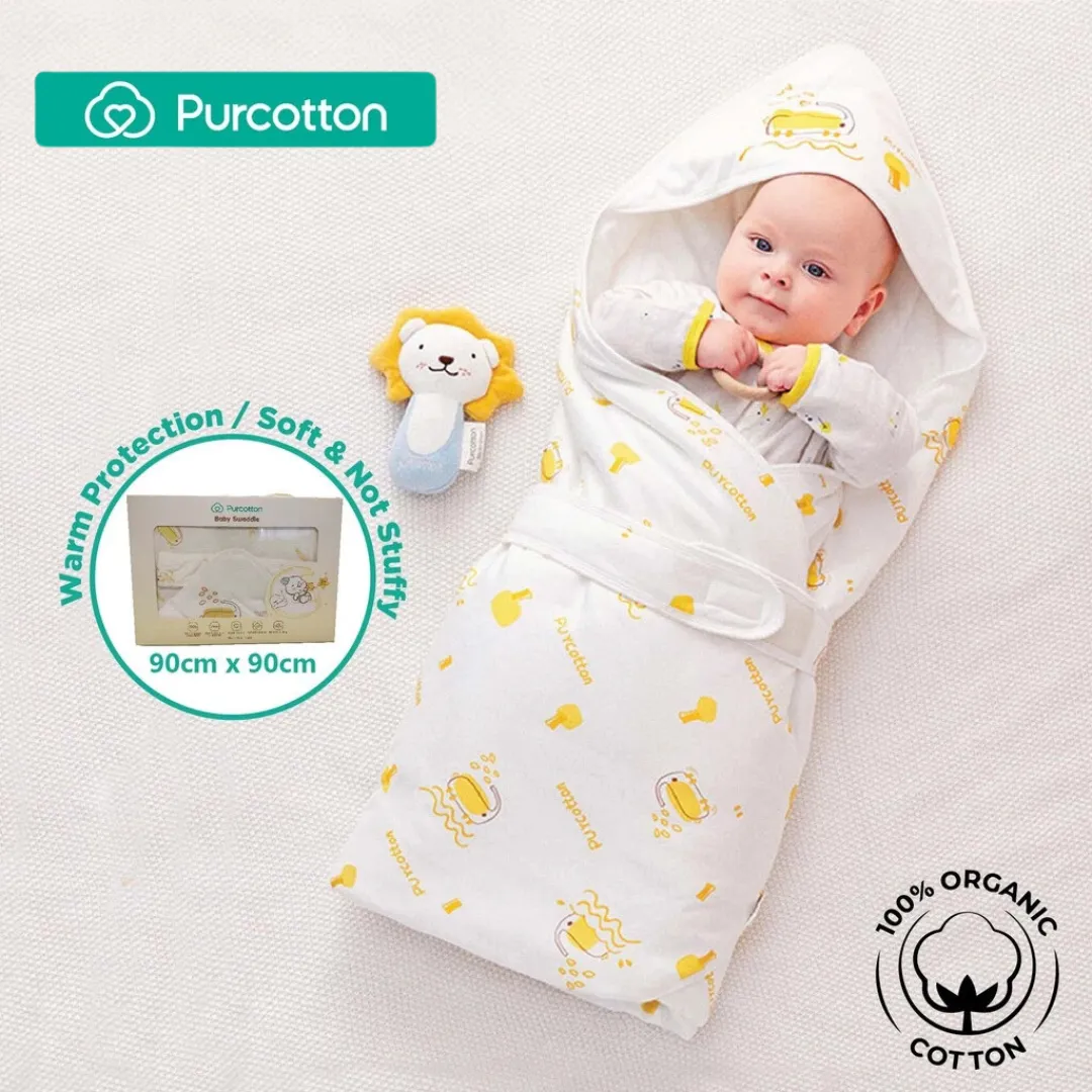 Purcotton Baby Swaddle 90cm x 90cm Yellow Baby Elephant