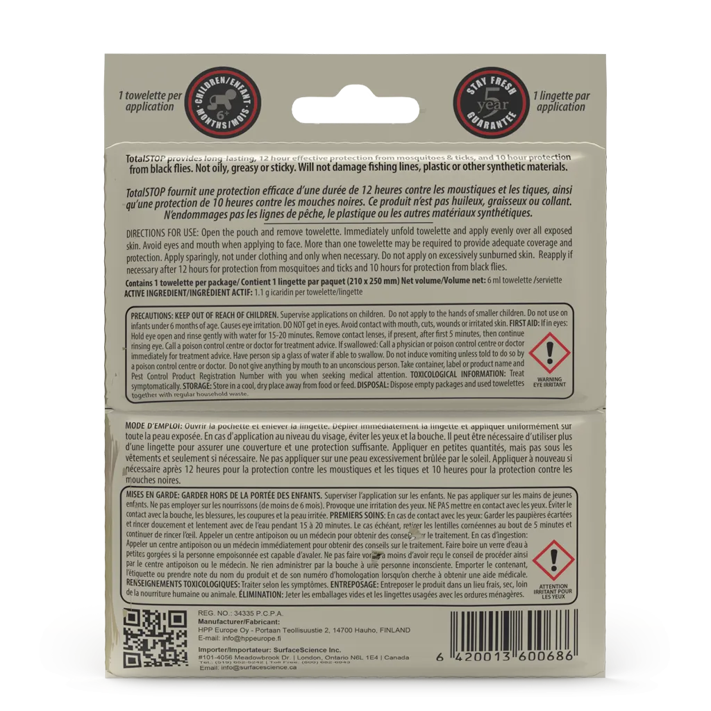TotalSTOP Deet-Free Insect Repellent Wipes - 2 pack
